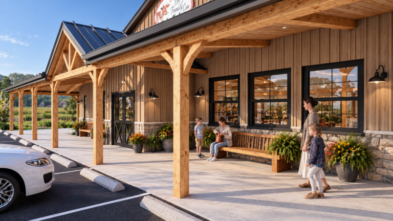 Close exterior rendering of the farm market entrance with timber columns, wood siding, stone cladding and benches.