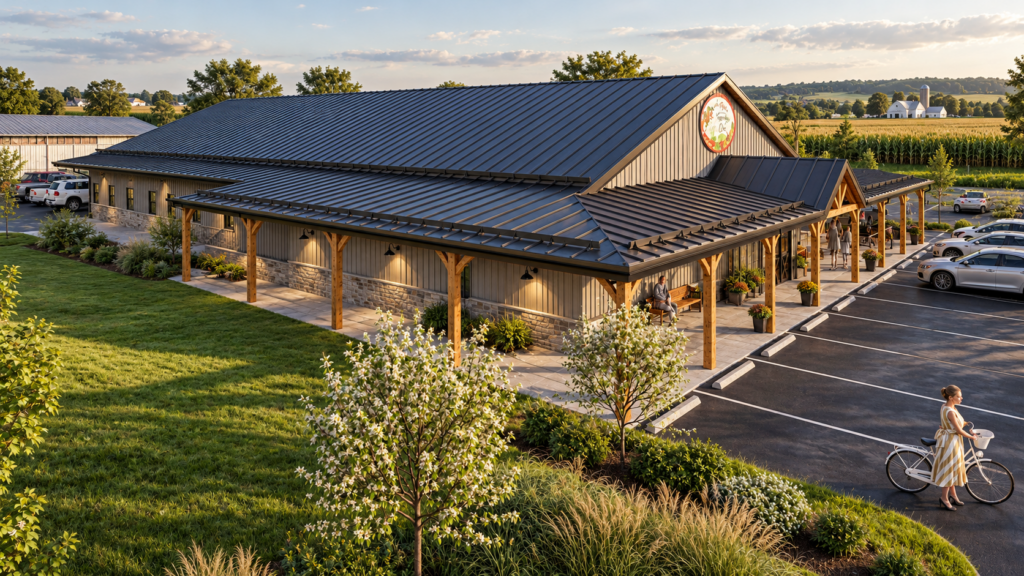 Architectural rendering of The Family Cow farm market with a metal roof, timber porch, stone base and landscaped parking area.