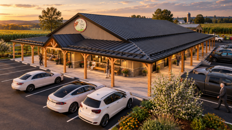 Elevated golden-hour rendering of The Family Cow farm market showing the metal roof, wraparound porch and parking layout.
