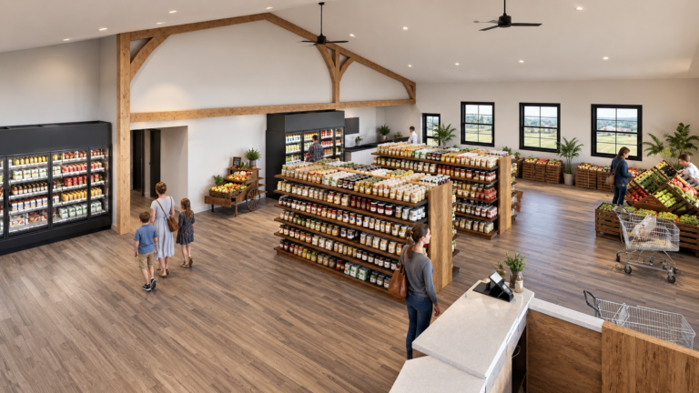 Interior rendering of a farm market with exposed timber framing, product shelving, refrigerated displays and a checkout counter.