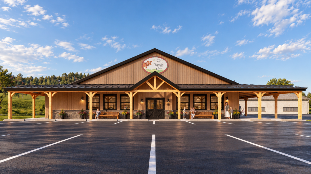 Front elevation rendering of The Family Cow farm market with timber porch posts, a central entrance and a gabled roof.